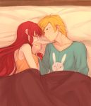  1girl blonde_hair chuu closed_eyes couple holding_hands jaune_arc long_hair ponytail pyrrha_nikos redhead rwby short_hair sleeping under_covers 