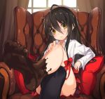  1girl ahoge armchair bangs black_hair black_legwear blush chair chocolate closed_mouth crossed_legs feet hair_between_eyes leg_up long_hair long_sleeves looking_at_viewer pillow pleated_skirt red_ribbon red_skirt ribbon roke shakugan_no_shana shana shirt single_thighhigh sitting skirt solo sweatdrop thigh-highs very_long_hair white_shirt window yellow_eyes 