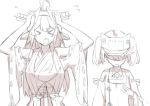  &gt;_&lt; 2girls ahoge blood blood_from_mouth closed_eyes detached_sleeves double_bun flying_sweatdrops headgear kantai_collection kongou_(kantai_collection) long_hair monochrome multiple_girls nontraditional_miko open_mouth ryuujou_(kantai_collection) simple_background teeth twintails visor_cap white_background wulazula 