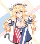  1girl animal_ears artist_request blonde_hair blue_eyes blush breasts cat_ears cat_tail cleavage gloves highres iowa_(kantai_collection) kantai_collection lips long_hair mismatched_legwear solo star star-shaped_pupils symbol-shaped_pupils tail 