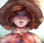  1girl artist_name bow bowtie brown_hair freckles green_eyes hat highres lips open_mouth original peybee portrait solo 