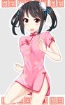  1girl china_dress chinese_clothes clenched_hand cowboy_shot dress fighting_stance idolmaster idolmaster_cinderella_girls leg_up oga_raito pink_dress side_slit solo standing_on_one_leg thighs 