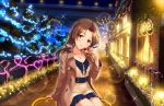  1girl alternate_hairstyle artist_request bangs blush bracelet breasts brown_hair bush cleavage coat collarbone dress earrings eyebrows eyebrows_visible_through_hair hair_down holding_gift idolmaster idolmaster_cinderella_girls_starlight_stage jewelry kawashima_mizuki lights long_hair long_sleeves looking_at_viewer necklace night official_art outdoors parted_bangs sitting smile solo tree yellow_eyes 