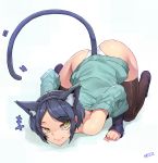  1girl all_fours animal_ears ass black_hair brown_legwear cat_ears cat_tail fake_animal_ears hayami_kanade highres idolmaster idolmaster_cinderella_girls jjune long_sleeves looking_at_viewer off_shoulder panties shirt slit_pupils smile solo tail thigh-highs underwear white_panties yellow_eyes 