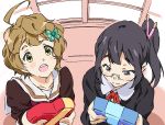  2girls asagiri_shiori black_hair brown_hair company_connection crossover gift glasses green_eyes hibike!_euphonium kawashima_sapphire kyoto_animation long_hair multiple_girls school_uniform serafuku short_hair side_ponytail tamako_market umanosuke violet_eyes 