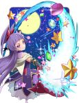  1girl :3 black_gloves black_hat blue_background bow capelet cowboy_shot cure_magical elbow_gloves full_moon gem gloves hair_bow hat izayoi_liko long_hair looking_at_viewer looking_back magic magical_girl mahou_girls_precure! mini_hat mini_witch_hat moon naokado precure purple_hair purple_skirt red_bow red_hat skirt smile solo star violet_eyes witch_hat 