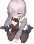  &gt;:( 1girl ankle_boots black-framed_glasses black_shirt black_skirt blush boots breasts brown_boots brown_legwear closed_mouth fate/grand_order fate_(series) from_above grey_jacket hair_over_one_eye hand_on_own_chest highres jacket jonsun large_breasts lavender_hair legs_apart lips long_sleeves looking_at_viewer looking_up necktie open_clothes open_jacket pantyhose pleated_skirt red_necktie serious shielder_(fate/grand_order) shirt short_hair simple_background sitting skirt solo taut_clothes taut_shirt teardrop tears unzipped violet_eyes wariza white_background zipper 