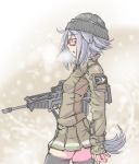  1girl 2016 assault_rifle breath bullpup flash_hider glasses green_jacket green_skirt gun hexagram highres imi_tavor_tar-21 jacket jarv jarvy-ca military_jacket olive_drab_green_(camo) original patch purple_hair red_glasses rifle short_hair skirt standing star_of_david tail tavor_ar_(upotte!!) thigh-highs trigger_discipline upotte!! weapon zettai_ryouiki 