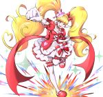  1girl ;d asahina_mirai blonde_hair bow choker clenched_hand cure_miracle earrings elbow_gloves fighting_stance frills full_body gacchahero gloves hair_bow hairband hat heart heart_earrings jewelry long_hair looking_at_viewer magical_girl mahou_girls_precure! mary_janes mini_hat mini_witch_hat one_eye_closed open_mouth pink_hat precure puffy_sleeves punching red_bow red_shoes ruby_style shoes skirt smile solo standing_on_one_leg striped striped_bow thigh-highs twintails violet_eyes white_background white_gloves white_legwear witch_hat 