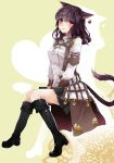  1girl animal_ears black_hair boots cat_ears coat earrings facial_mark final_fantasy final_fantasy_xiv jewelry knee_boots knees_together_feet_apart long_hair looking_at_viewer miqo&#039;te red_eyes sitting skirt smile solo tail 