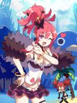  2girls :d :o angry baisi_shaonian bare_shoulders bat_wings black_legwear bracelet breasts cleavage coconut demon_tail disgaea earrings elbow_gloves etna fang gloves hand_on_hip highres jewelry large_breasts leaning_forward looking_at_viewer makai_senki_disgaea_5 midriff miniskirt multiple_girls navel one_eye_closed open_mouth palm_tree pink_hair redhead seraphina_(disgaea) skirt smile tail thigh-highs tree twintails violet_eyes water wings 