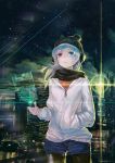  1girl black_legwear city_lights clouds earmuffs grey_eyes hand_in_pocket hat headphones highres holographic_monitor long_hair long_sleeves night original scarf scenery science_fiction shirt shorts signature silver_hair sky solo star_(sky) starry_sky you_(shimizu) 