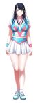  1girl aqua_eyes black_hair breasts full_body hair_ornament hairclip highres large_breasts long_hair looking_at_viewer p/a_~potential_ability~ pleated_skirt sei_shoujo shoes simple_background skirt smile sneakers socks solo sport sportswear standing takajou_yuna tennis_uniform wristband 
