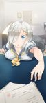  &gt;:o 1girl :o blue_eyes blurry breast_rest breasts comah couch depth_of_field door hair_ornament hair_over_one_eye hairclip hamakaze_(kantai_collection) indoors kantai_collection large_breasts looking_at_viewer neckerchief no_gloves no_legwear open_mouth papers pleated_skirt school_uniform serafuku short_hair silver_hair skirt solo table 