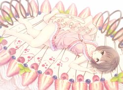  1girl alc_(ex2_lv) barefoot birthday_cake brown_hair cake food fruit green_eyes highres idolmaster idolmaster_cinderella_girls maekawa_miku short_hair solo strawberry 