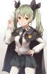  1girl anchovy belt brown_eyes cape drill_hair girls_und_panzer green_hair hair_ribbon long_hair long_sleeves necktie pantyhose red_eyes ribbon roll_okashi school_uniform shirt skirt smile solo twin_drills twintails white_legwear 