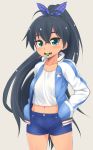  1girl antenna_hair aqua_eyes black_hair candy denim denim_shorts fang food_in_mouth ganaha_hibiki hair_ribbon hamuzou hands_in_pockets idolmaster jacket lollipop long_hair looking_at_viewer mamezou midriff mouth_hold navel ponytail ribbon shorts solo 