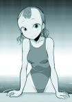  1girl bare_shoulders ken_(koala) long_hair looking_at_viewer monochrome one-piece_swimsuit original partially_submerged smile swimsuit 