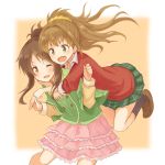  2girls brown_eyes brown_hair cowboy_shot green_eyes hair_bun high_ponytail hino_akane_(idolmaster) idolmaster idolmaster_cinderella_girls jumping layered_skirt light_brown_hair looking_at_another looking_back mugi_(banban53) multiple_girls one_eye_closed open_mouth pleated_skirt school_uniform scrunchie skirt smile takamori_aiko 