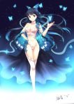  1girl absurdres black_hair blue_eyes blue_hair breasts butterfly butterfly_hair_ornament choker cleavage gogatsu_fukuin hair_ornament hand_on_hip highres long_hair looking_at_viewer multicolored_hair nie_xiaoqian revealing_clothes sangai_senki smile solo standing two-tone_hair 