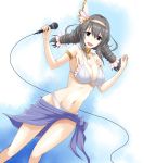  1girl bikini_top breasts grey_hair hairband idolmaster idolmaster_cinderella_girls ky_kosuke large_breasts long_hair microphone open_mouth sakakibara_satomi sarong smile solo twintails violet_eyes 