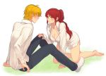  1boy 1girl blonde_hair blush breasts chuu cleavage green_eyes jaune_arc long_hair ponytail pyrrha_nikos redhead rwby shirt short_hair 