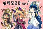  3girls :3 :d ahoge animal_ears bangs bare_shoulders bastet_(p&amp;d) black_hair blonde_hair blue_eyes blue_hair blunt_bangs brown_hair capelet cat_day cat_ears cat_paws cat_tail character_request checkered coin_(ornament) crown dark_skin dated detached_sleeves dress earrings egyptian eyebrows eyebrows_visible_through_hair fake_animal_ears fang fringe from_side fur_trim gauntlets green_eyes hair_ribbon hair_tubes hairband head_wings headdress headphones heart highres isis_(p&amp;d) jewelry long_hair looking_at_viewer midriff miniskirt multiple_girls off_shoulder open_mouth paw_print paws pikomarie pink_background ponytail puzzle_&amp;_dragons ribbon sharp_teeth side_cutout skirt smile star tail teeth tress_ribbon very_long_hair white_dress white_skirt 