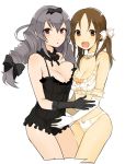  2girls bow breasts brown_eyes brown_hair elbow_gloves gloves grey_hair hair_bow idolmaster idolmaster_cinderella_girls large_breasts long_hair looking_at_viewer mui_(muica) multiple_girls open_mouth sakakibara_satomi smile totoki_airi twintails underwear underwear_only violet_eyes 