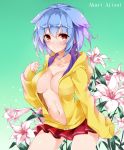  1girl :o akari_ajisai artist_name blue_hair blush breasts cleavage collarbone cowboy_shot eyebrows eyebrows_visible_through_hair flower green_background highres hood hooded_jacket jacket large_breasts long_sleeves midriff navel open_clothes open_jacket original parted_lips plant pleated_skirt red_eyes red_skirt shiny shiny_skin short_hair simple_background skirt solo standing stomach tareme thighs unzipped yellow_jacket zipper 