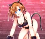  1girl :d all_fours animal_ears arm_support barefoot bikini blue_eyes blush breasts cat_day cat_ears cat_tail cleavage fujisaki_kyouya fur_trim kousaka_honoka looking_at_viewer love_live!_school_idol_project midriff one_side_up open_mouth orange_hair short_hair side_ponytail smile solo swimsuit tail 