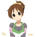  1girl apron bow brown_eyes brown_hair dated hair_bow high_ponytail hirasawa_ui k-on! looking_at_viewer ragho_no_erika shirt smile solo striped striped_shirt white_background 