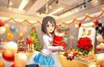  1girl :d artist_request balloon blue-framed_glasses blue_skirt brown_eyes brown_hair cake candle christmas christmas_ornaments christmas_stocking christmas_tree collarbone eyebrows eyebrows_visible_through_hair food frilled_skirt frills glasses gloves green-framed_glasses idolmaster idolmaster_cinderella_girls_starlight_stage kamijou_haruna long_hair long_sleeves looking_at_viewer official_art open_mouth orange-framed_glasses pink-framed_glasses plant plate potted_plant purple-framed_glasses shirt skirt smile solo stage_lights table yellow-framed_glasses 