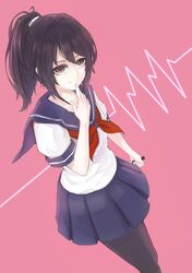  1girl artist_request black_eyes black_hair blush cardiogram heart heart-shaped_pupils highres knife pantyhose ponytail school_uniform serafuku smile solo symbol-shaped_pupils yandere-chan yandere_simulator 