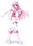  1girl boots borrowed_character breasts cross elbow_gloves gloves hat high_heel_boots high_heels highres large_breasts leotard long_hair looking_at_viewer magical_girl nurse nurse_cap original pink_eyes pink_hair smile solo thigh-highs white_gloves yu-ri_(noteism) 