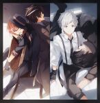  4boys akutagawa_ryuunosuke_(bungou_stray_dogs) asymmetrical_bangs bandaged_arm bandages bangs bishounen black_gloves black_necktie black_pants brown_hair bungou_stray_dogs chair collared_shirt dazai_osamu_(bungou_stray_dogs) gloves hair_between_eyes hat lower_teeth_only male_focus multicolored_hair multiple_boys nakahara_chuuya nakajima_atsushi_(bungou_stray_dogs) necktie orange_hair pants shirt single_sidelock sitting sleeping sleeves_rolled_up smile split_screen streaked_hair sunlight suspenders takerusilt teeth top_hat white_hair 