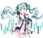  1848066491 1girl absurdres aqua_hair bracelet cowboy_shot floating_hair gloves green_eyes hair_ribbon hatsune_miku highres jewelry long_hair microphone microphone_stand necktie open_mouth ribbon solo star star-shaped_pupils symbol-shaped_pupils thigh-highs thigh_strap twintails very_long_hair vocaloid white_background 