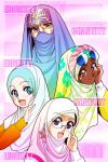  4girls adjusting_glasses artist_name blonde_hair blue_eyes brown_eyes commentary_request dark_skin english freckles glasses highres hijab looking_at_viewer multiple_girls nayzak open_mouth original smile sunglasses sunglasses_on_head watermark 