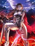  1girl a-line armor armored_boots blue_eyes boots breasts brown_hair cape cleavage clouds cloudy_sky dual_wielding fire gauntlets highres long_hair moon night shorts sky solo spaulders sword torn_cape weapon 