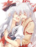  2girls blush bow breasts cleavage closed_eyes fujiwara_no_mokou hair_bow hat heart hug hug_from_behind kamishirasawa_keine long_hair multiple_girls nuzzle silver_hair six_(fnrptal1010) smile touhou yuri 