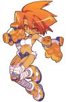  1girl :o blade_(galaxist) elbow_gloves full_body garter_straps gloves navel orange_hair pointy_ears short_hair simple_background solo tan thigh-highs tiger_print unbuttoned white_background 