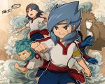  4boys aqua_hair armband blue_hair brown_hair fukami_dandou gloves goalkeeper grin headband inazuma_eleven_(series) inazuma_eleven_go kaiou_(inazuma_eleven) long_hair male_focus map mizuhara_aki multiple_boys namikawa_rensuke scar scar_across_eye smile soccer_uniform sportswear wanda_naoto yoshimine_misaki 