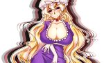  1girl blonde_hair breasts dress frills hat hat_ribbon highres large_breasts long_gloves long_hair mob_cap ribbon smile solo touhou upper_body violet_eyes yakumo_yukari 