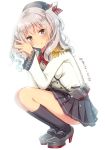  1girl blue_eyes breasts epaulettes kantai_collection kashima_(kantai_collection) military military_uniform serino_itsuki silver_hair smile solo squatting tsurime twintails uniform wavy_hair 