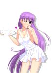  1girl absurdres apron artist_request bare_shoulders breasts cleavage fire_emblem fire_emblem:_fuuin_no_tsurugi food food_on_face hand_on_own_face heart highres long_hair naked_apron one_eye_closed purple_hair simple_background sofiya solo very_long_hair violet_eyes white_background 