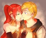  1boy 1girl blonde_hair blue_eyes blush breasts chuu cleavage elbow_gloves forehead_protector gloves green_eyes incipient_kiss jaune_arc long_hair ponytail pyrrha_nikos redhead rwby short_hair 