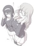  2girls adjusting_glasses black_legwear breasts from_behind girls_und_panzer glasses large_breasts long_hair looking_at_viewer multiple_girls oono_tsutomu reizei_mako semi-rimless_glasses sketch skirt takebe_saori thigh-highs under-rim_glasses white_background 