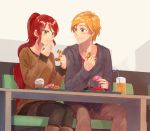  1boy 1girl blonde_hair blue_eyes casual chuu doughnut eating food green_eyes jaune_arc long_hair ponytail pyrrha_nikos redhead rwby short_hair smile 