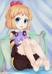  1girl barefoot bed blonde_hair blue_eyes blush doll fang hair_ornament handsofmidaz highres long_hair looking_at_viewer neptune_(series) open_mouth pillow pish purple_hair sketch stuffed_animal stuffed_toy 