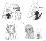  ... 1boy ? androgynous artist_name asriel_dreemurr blush caribun cat closed_eyes comic covering_mouth directional_arrow english flying_sweatdrops frisk_(undertale) holding_cat hood hoodie horns jacket monochrome monster_boy older scarf simple_background tagme undertale upper_body what_if white_background 