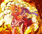  2girls :o asa_(ja0520) asahina_mirai black_hat blonde_hair blue_eyes bow choker cure_magical cure_miracle elbow_gloves explosion frills gloves hair_bow hand_on_hip hat izayoi_liko long_hair looking_away magical_girl mahou_girls_precure! mini_hat mini_witch_hat multiple_girls pantyhose pink_hat precure purple_hair red_bow red_legwear red_skirt ruby_style skirt standing striped striped_bow thigh-highs twintails violet_eyes white_gloves white_legwear witch_hat 